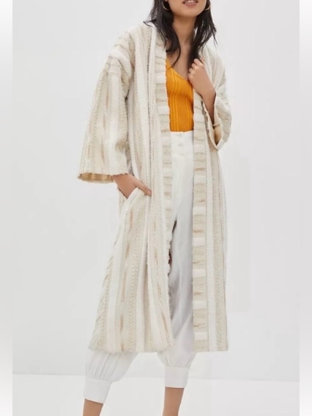 Ollari by Anthropologie beige cream boho duster cardigan coat, size small
